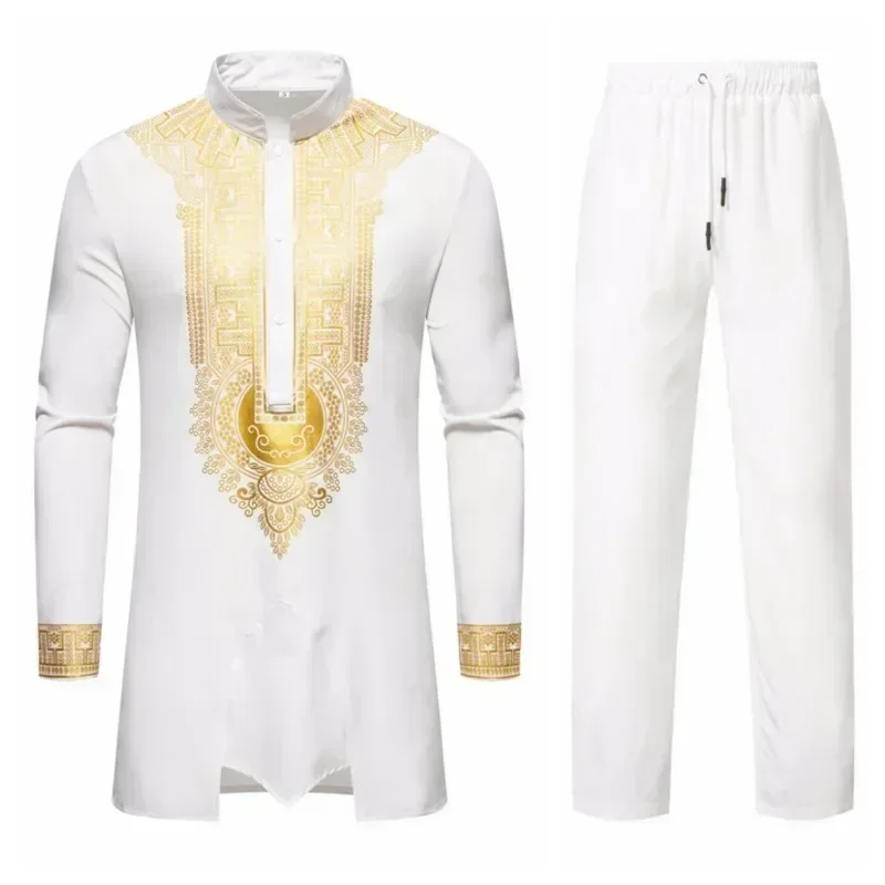 2024 New Personality Men's Long Sleeve Shirt Sets Leisure Dinner Print Design Medium Long Clothes for Men