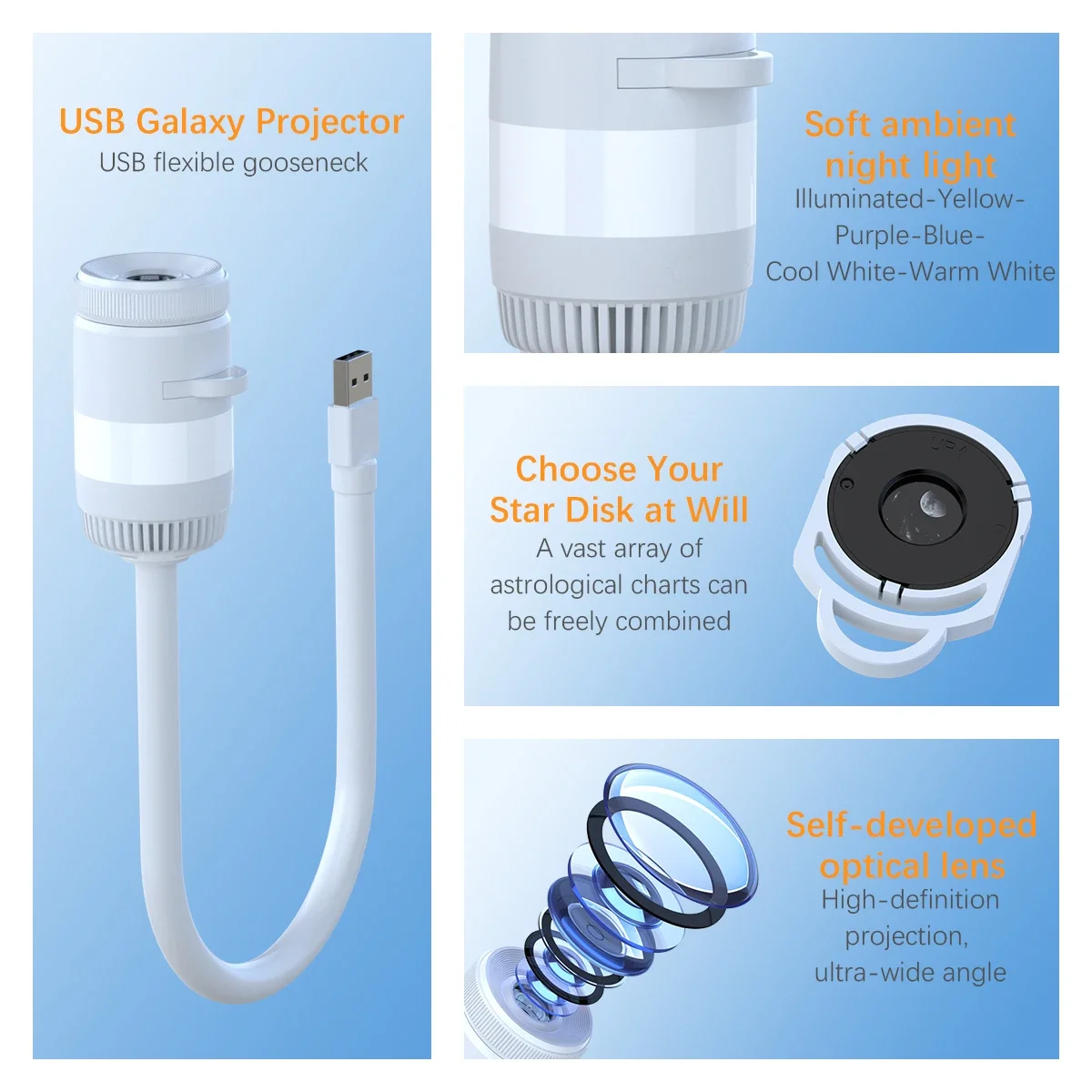 Proiettore Galassia 2-in-1 con Luce Notturna, Luce Ambientale per Auto, Proiettore Stellare USB con Luminosità Regolabile, Lampada d'Atmosfera per le Feste - immagine 3