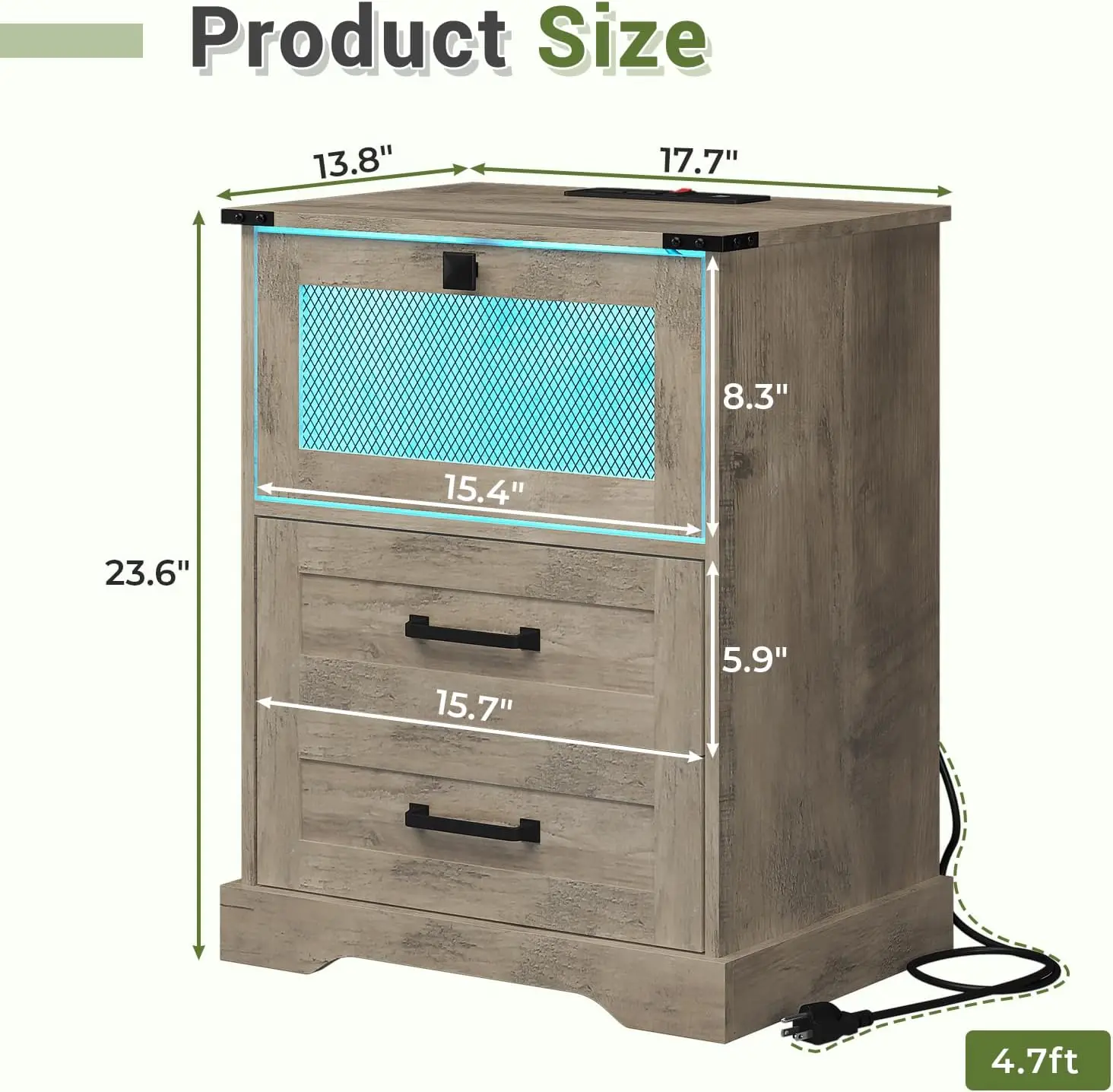 Rustic Oak Farmhouse Nightstand Set of 2 with LED Lights, Charging Station & Cubby Bedroom Furniture Storage Organizer
