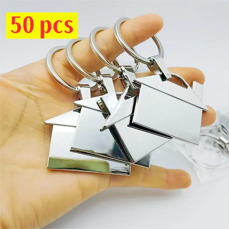 

50 pcs wholesale Chrome Metal House Shape Keyring Shiny Key Ring Chain Lover Wedding Gift