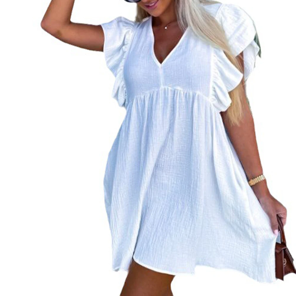 

Fashion Summer Beach Style Ruffles Womens Dresses Loose V Neck Solid Color Casual Ruffle Sleeve Party Female Mini Dress