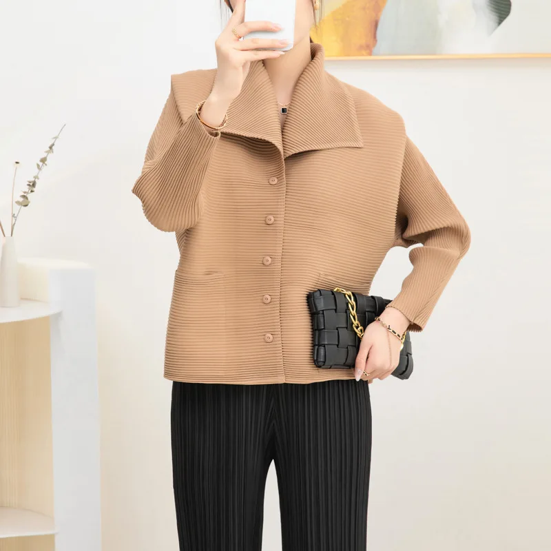 Miyake Pleated Short Coat for Women Autumn Winter New Casual Versatile Loose Large Lapel Single-Breasted Elastic Outerwear Top