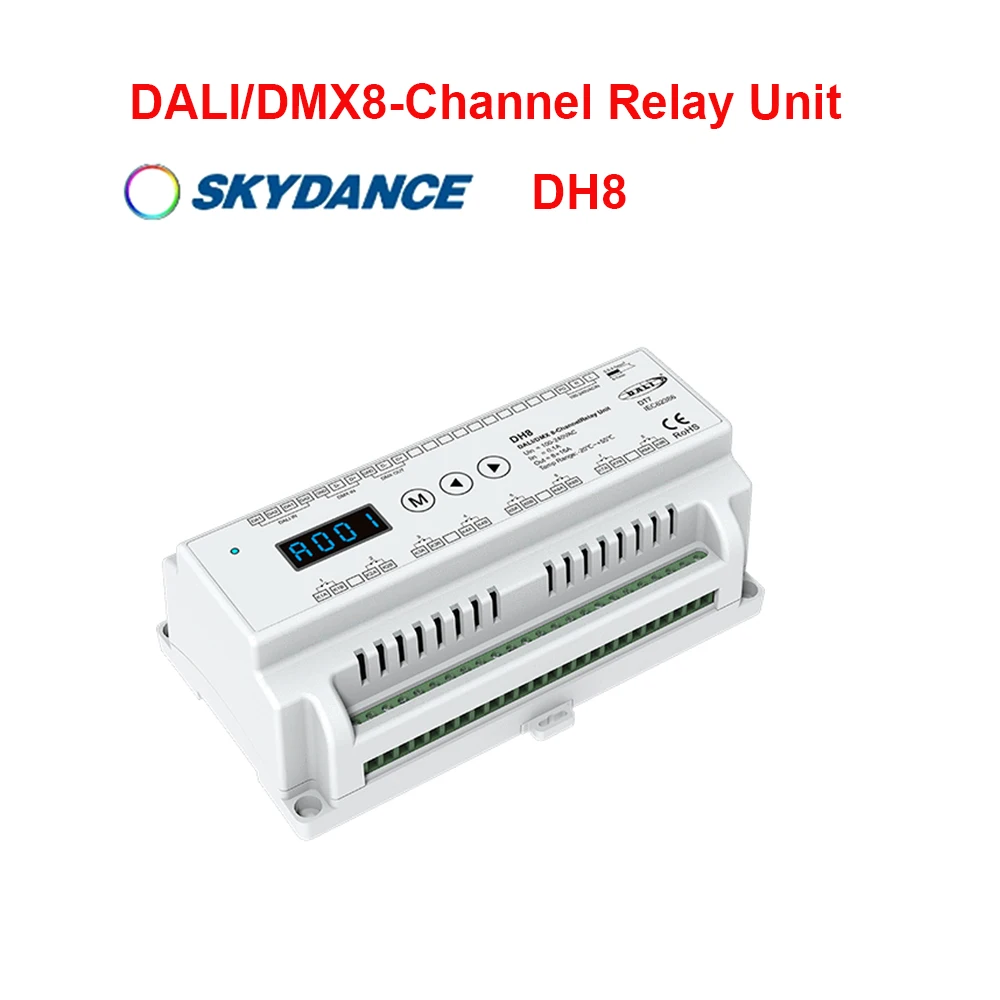 Skydance DH8 (DT7) AC100-240V Din Rail 8CH*16A DALI DMX RDM Relay Unit ...
