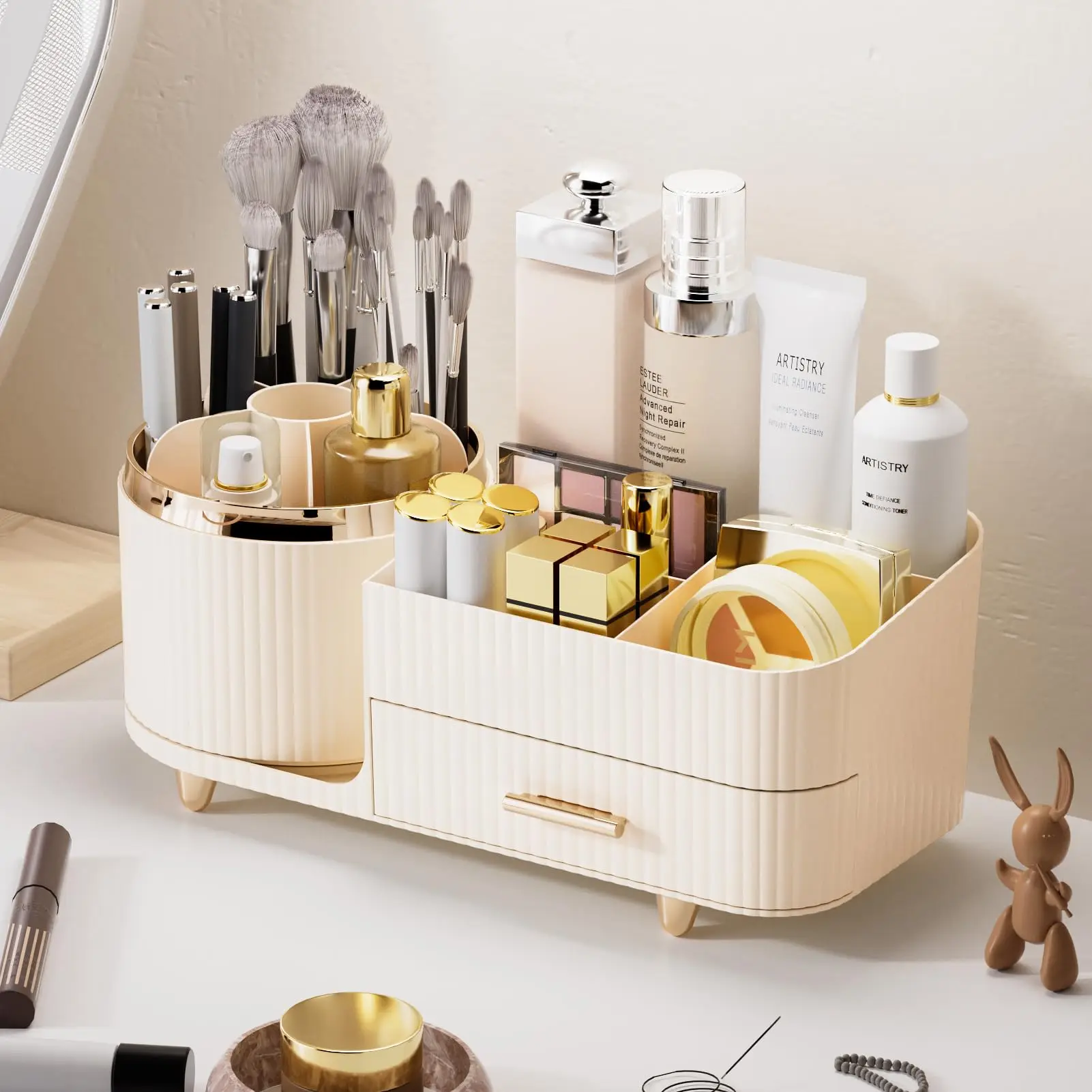 Makeup Organizer Countertop with Drawers 360 Rotating Makeup Brush Holder Large Capacity Skincare Organizer for Vanity Desk 6