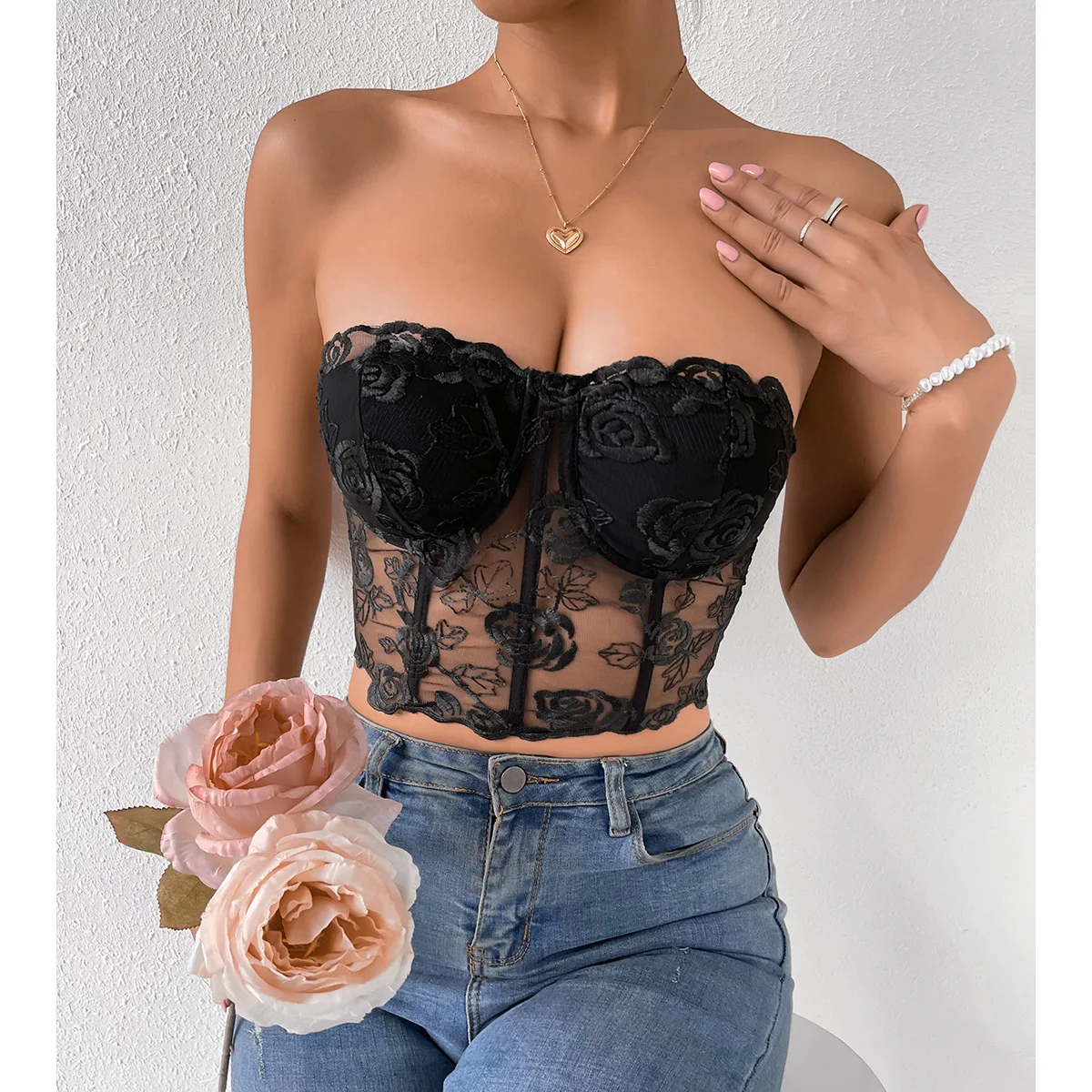 

Embroidery Corset Crop Tops Slim Bustier with Underwire Sexy See through Tank Top Woman Clothing Strapless Lingerie Camis Summer