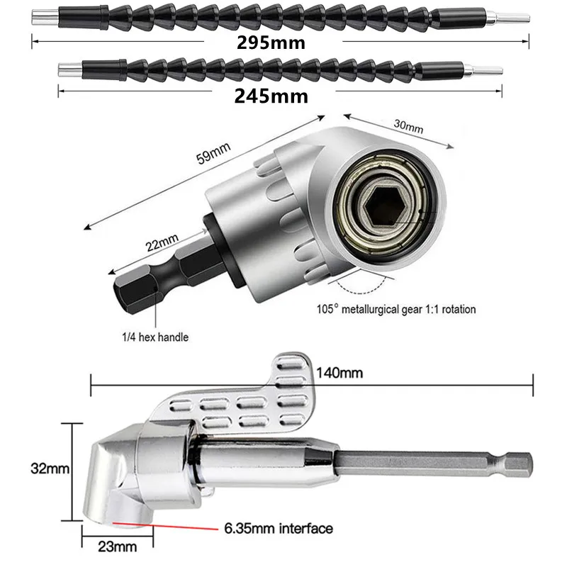 105 Degree Right Angle Drill Adapter Flexible Shaft Extension Bit for Screwdriver Hand Tools Magnetic Bit Socket Power Drill — view 6