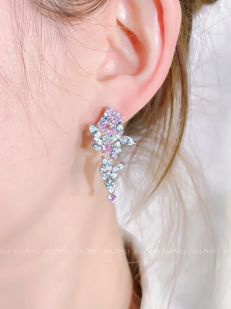 Fashion S925 Silver Inlaid Artificial Pink Diamond Light Luxury Earrings Personalized Versatile Women's Wedding Jewelry