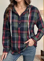 Plus-size women's casual striped mixed-color long-sleeve V-neck buttoned hoodie