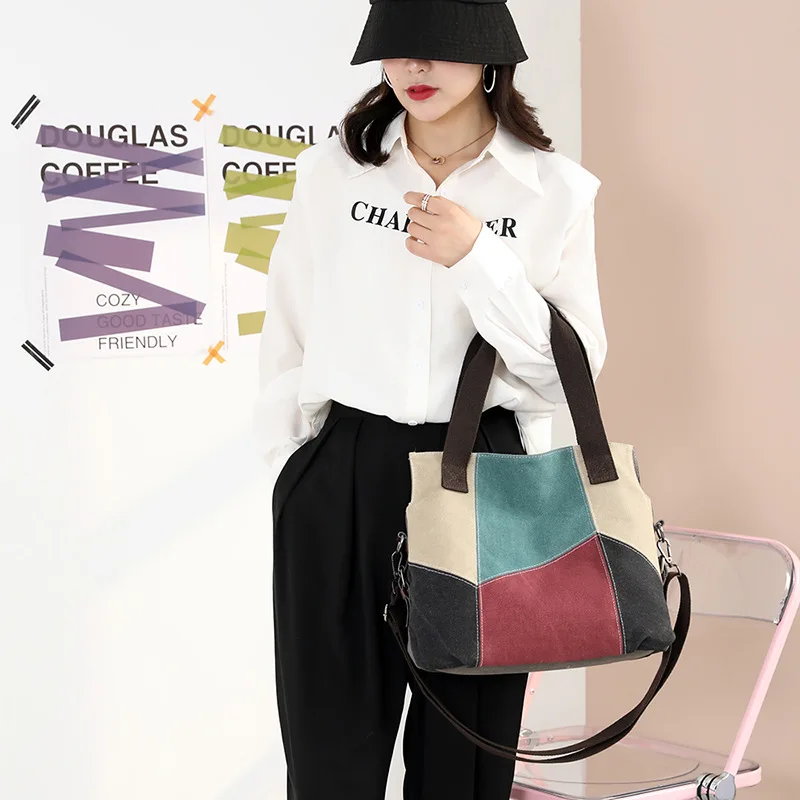 Women's New Simple and Fashionable Contrast Canvas Bag with Large Capacity Retro Spliced One Shoulder Handbag High end design