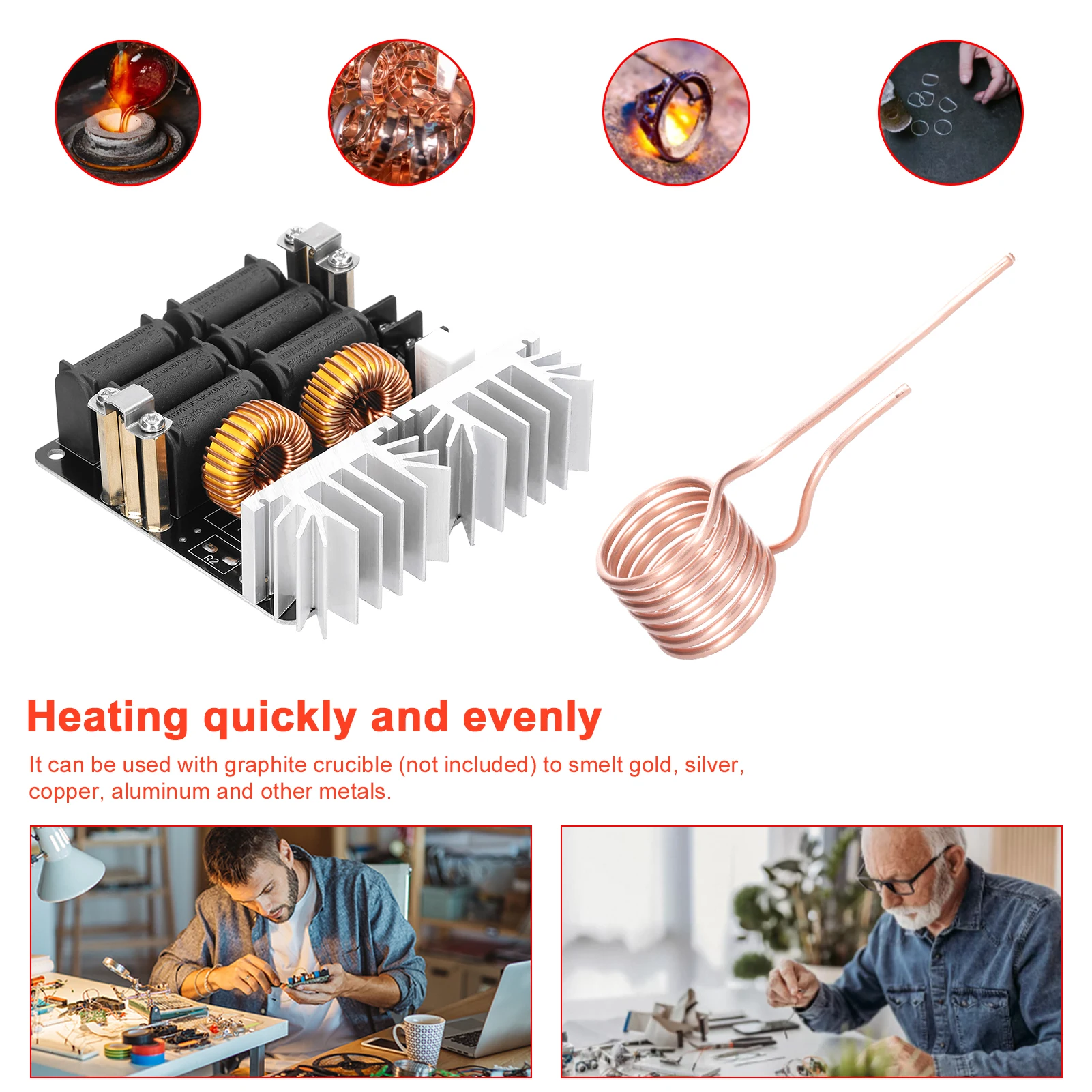 1000W ZVS Induction Heating Board Module Voltage Coil Flyback Driver with Copper Tube for DIY Small Parts Hardening Annealing induction heater