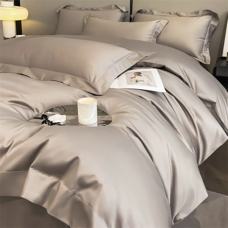 1000TC Egyptian Cotton Premium Solid Color Bedding Set Ultra Soft Comfortable Duvet Cover Elastic Fitted Sheet Pillowcases 4Pcs 2