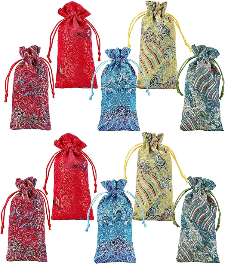 

20pcs Silk Bag Brocade 3x6 Inch Advent Calendar Bags Drawstring Pouch Gift Bags Embroidered Sachet Candy Chocolate Bag