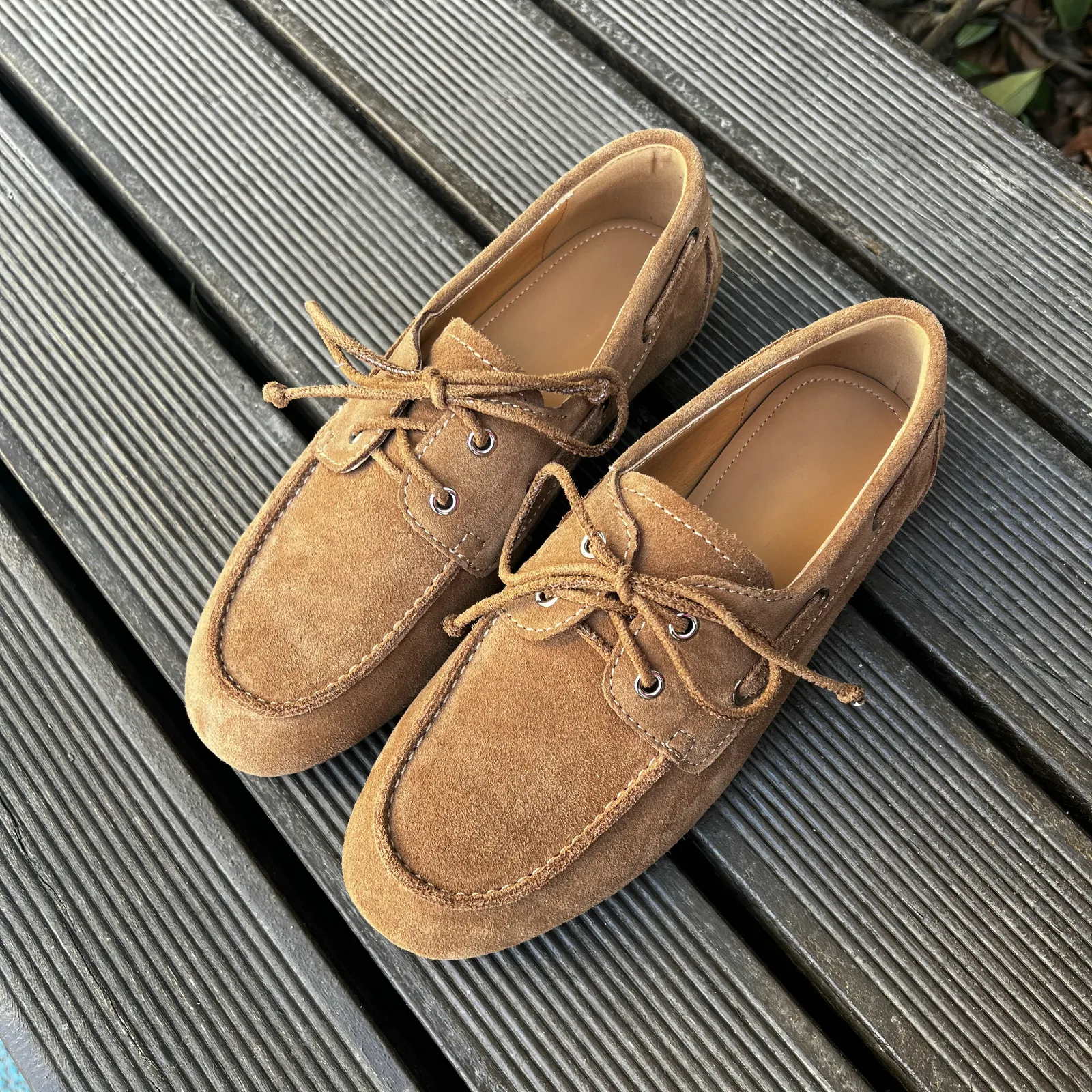 2025 Women shoes Cow Leather Spring Ballet Casual Loafers Lace Up Round Toe 34-41