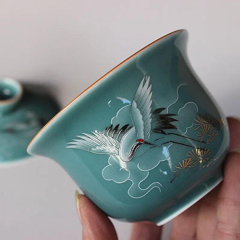 Sancai Gaiwan Ceramic Large Cover Bowl Tribute Tea Bowl Kung Fu Tea Set Glazed Blue Crane Tureen