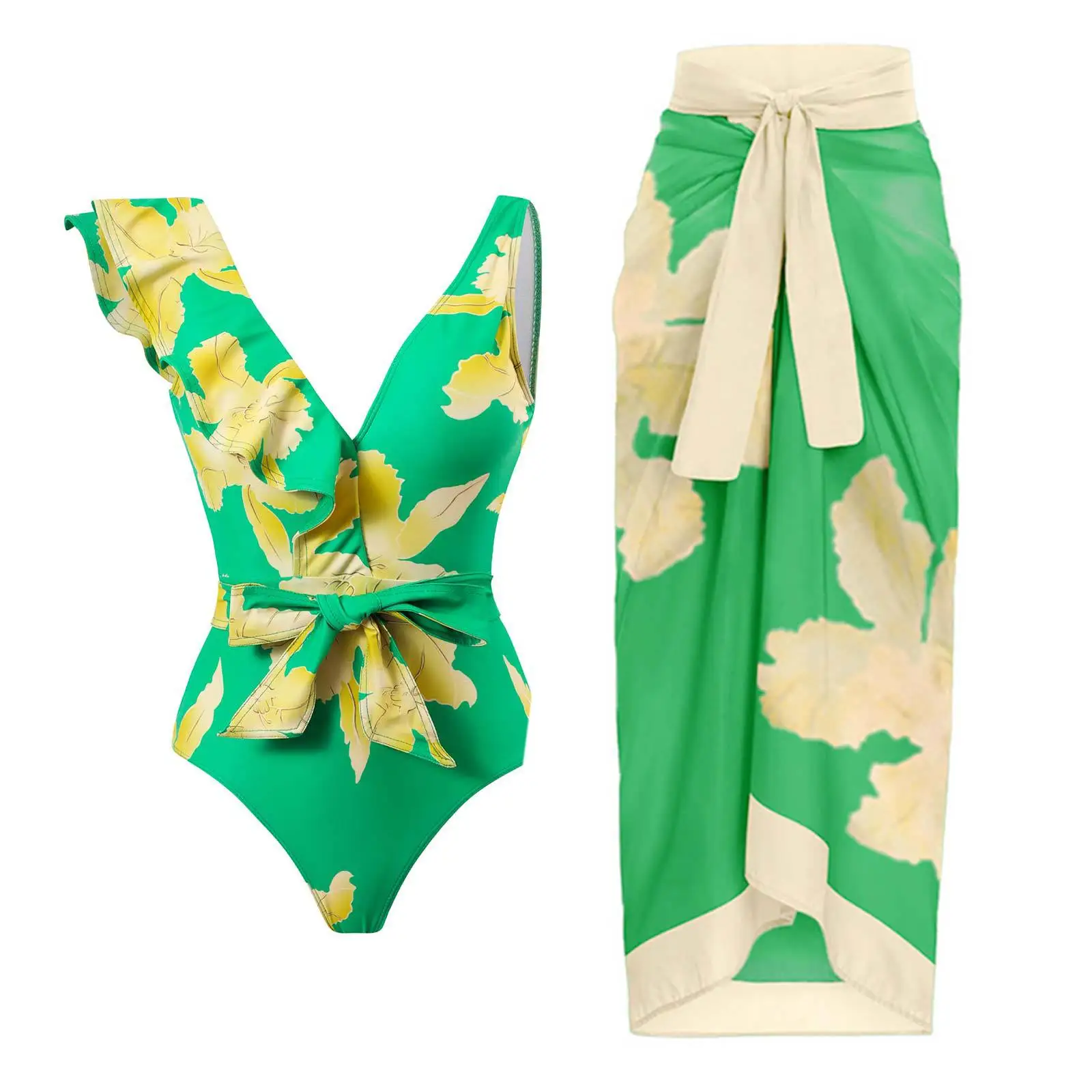 

2023 Sport Beach Floral Swimwear Sexy Backless One Piece Women Swimsuit Sashes Skirt 2 PCS Female Bathing Clothes