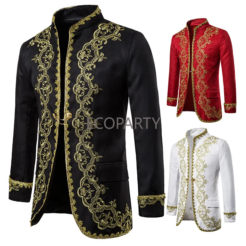 Men's Black Single Button Embroidery Suit Jacket Brand Stand Collar Slim Fit Wedding Groom Blazer Men Stage Singer Costume Homme 3