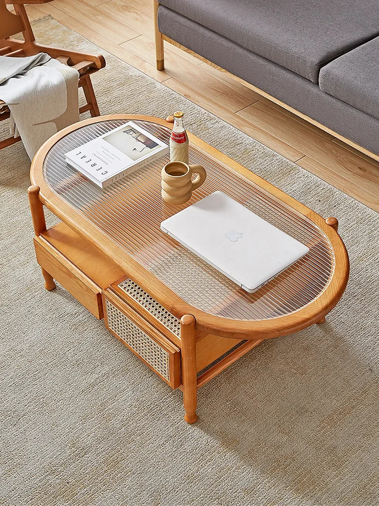 

Oval Japanese style tea table, living room, home solid wood double-layer glass rattan tea small apartment homestay tea table