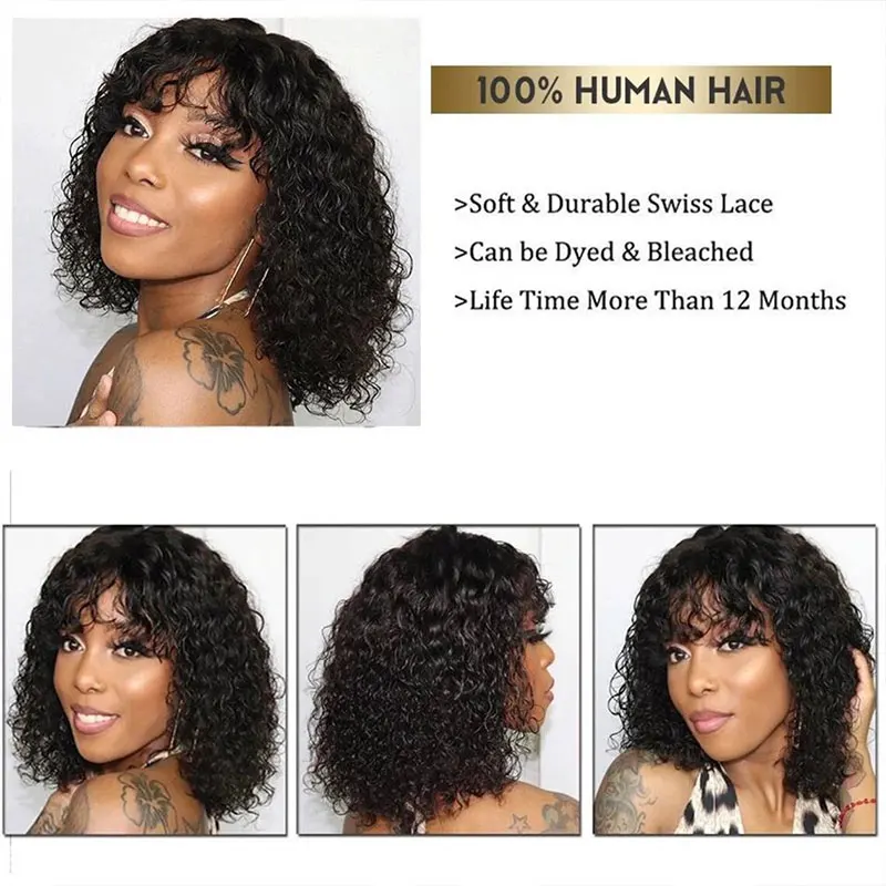Parrucca corta per capelli umani ricci Bob con frangia Parrucche ricci taglio Pixie Bob Onda d'acqua Parrucche economiche nere naturali a macchina completa per le donne - immagine 5