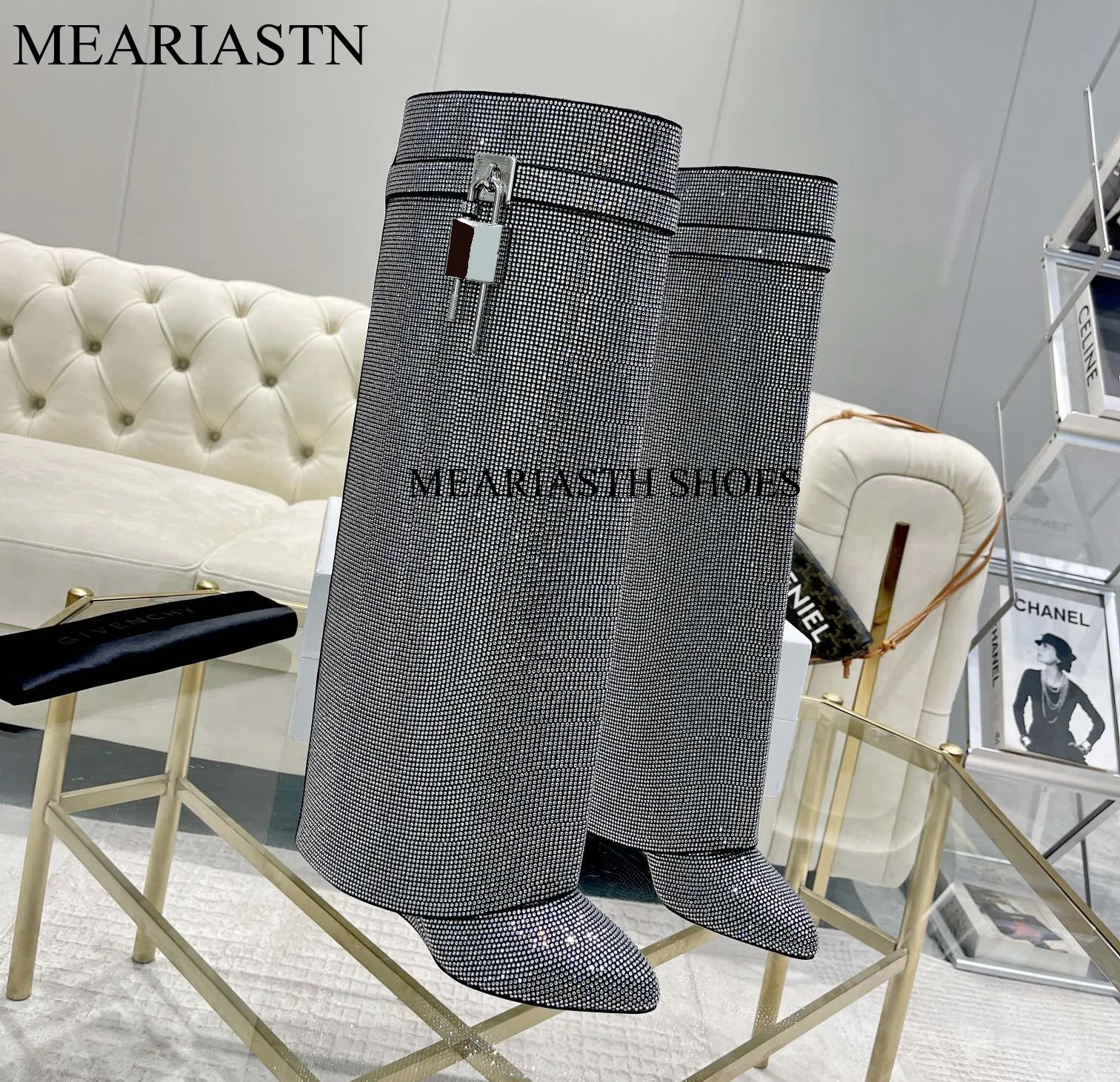 

Hand-made shark lock Rhinestone Boots For Women Sexy Wedges Shoes Pointed Toe Slip-on Women High Knee Boots Luxury Crystal boots