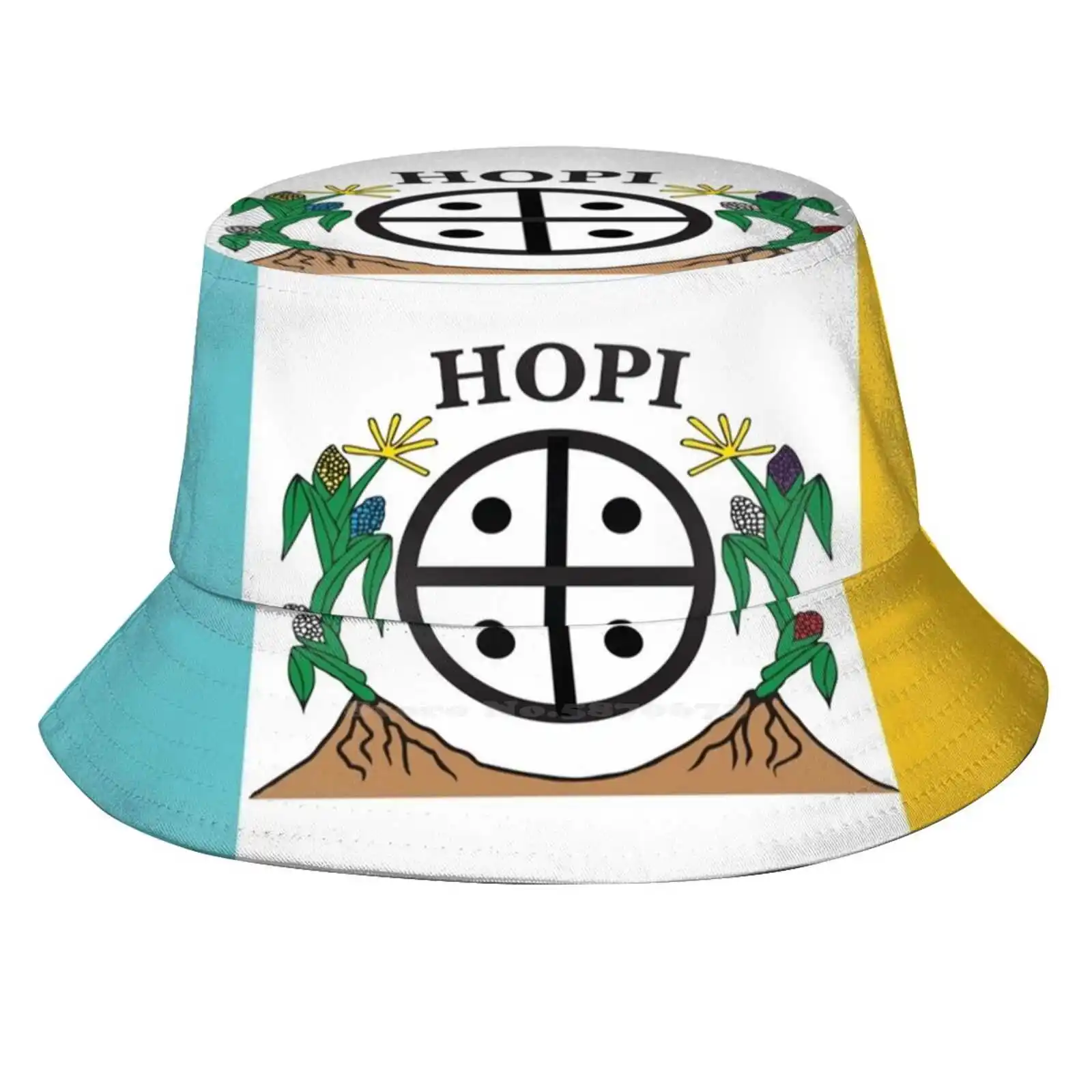 Hopi Nation Flag Naatoyla Tricolour White Yellow Turquoise With Corn And Hopi Symbol Hd High Quality Pattern Hats Outdoor Hat