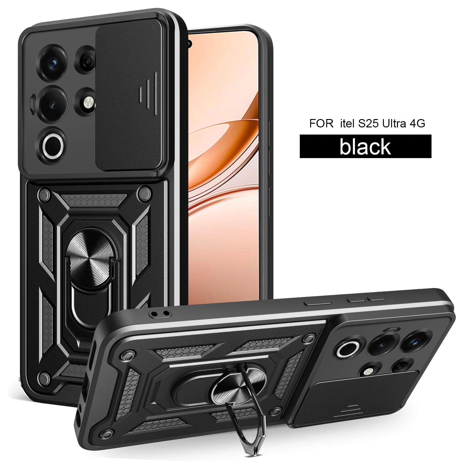 Itel Super 26 Ultra Magnetic Ring Holder Armor Phone Case with Slide Camera Protection