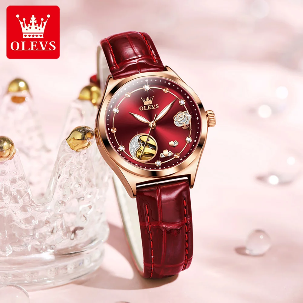 OLEVS Brand Luxury Mechanical Watch Women Leather Strap Waterproof Simple Fashion Gold Hollow Watches Ladies Relojes Para Mujer