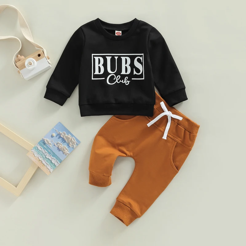 

2022-10-11 Lioraitiin 0-3Years Infant Baby Boys 2Pcs Outfit Letter Print Round Neck Long Sleeve Sweatshirts Tops Solid Long Pant