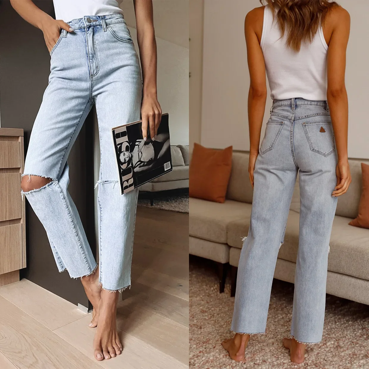 Light-Colored Straight High-Rise Ripped Jeans for Ladies, Temperament Commuter, New, Fall, Winter, 2023 2023 new spring summer fashion elegant one button thin suit jacket ladies temperament slimming commuter thin lace top