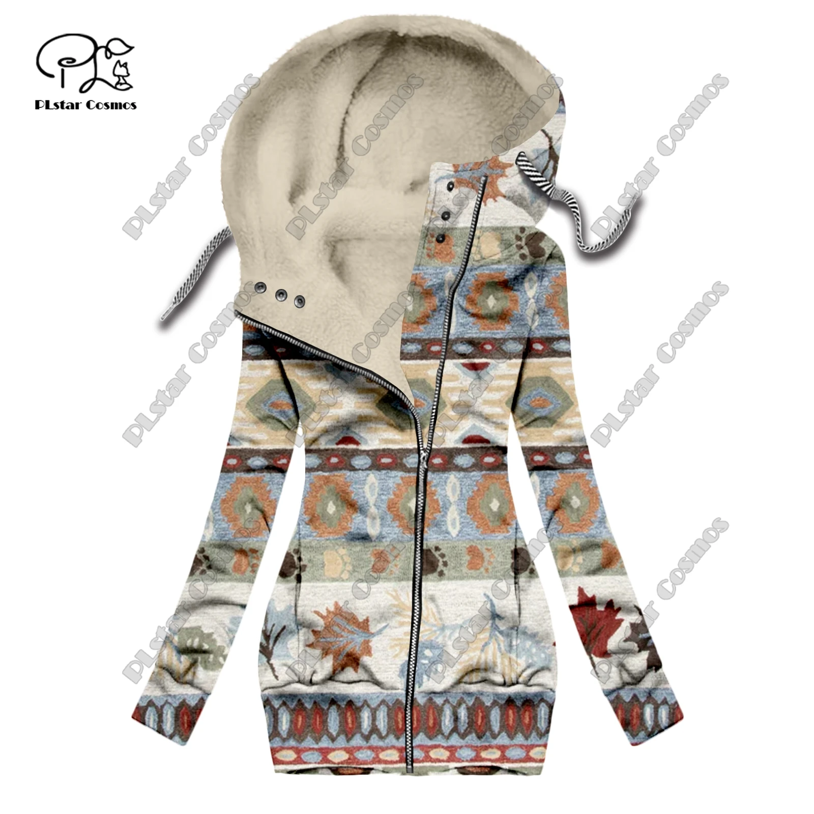 New 3D printing retro series carpet print pattern plus velvet warm women's long zipper hoodie jacket commuting casual winter F-3