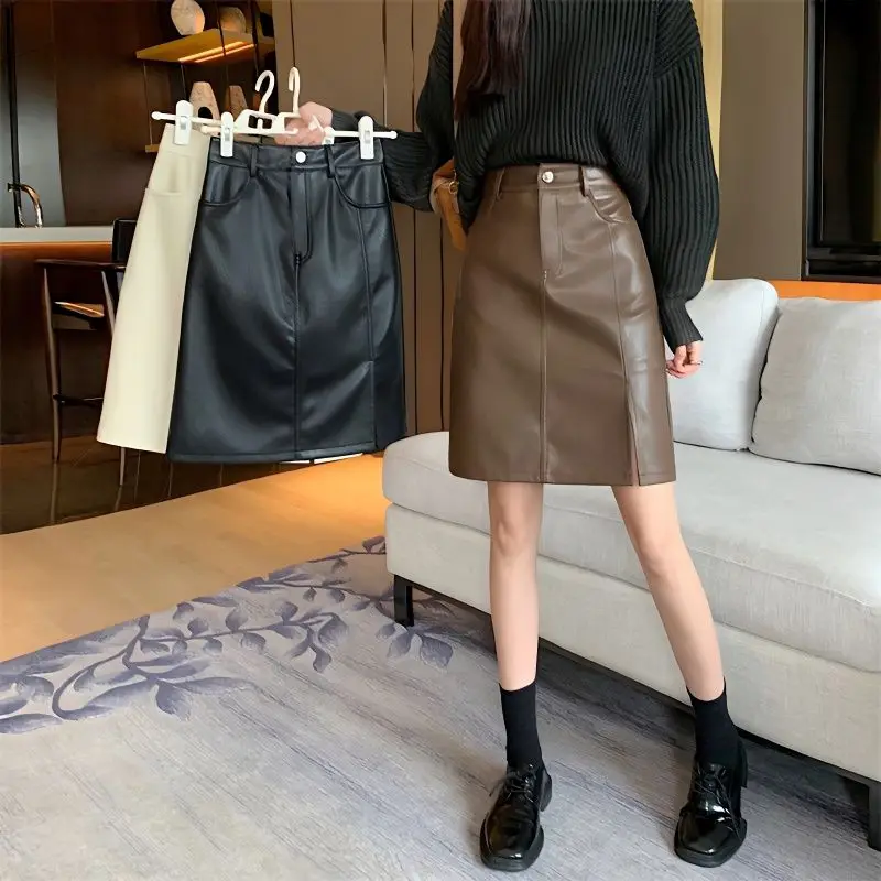 

New Spring Autumn Buttons Pu Leather Skirts for Women 2024 Sexy Office Lady Club High Waist Mini Skirt Ladies Female C54