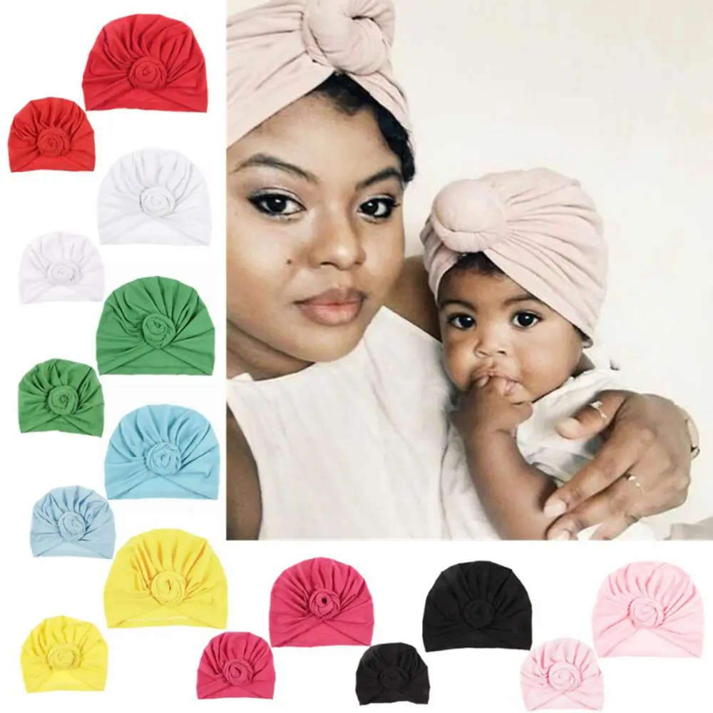 new-mommy-and-me-cotton-blend-handmade-hat-women-caps-baby-girls-turban-hats-twist-knot-headwear-hair-accessories