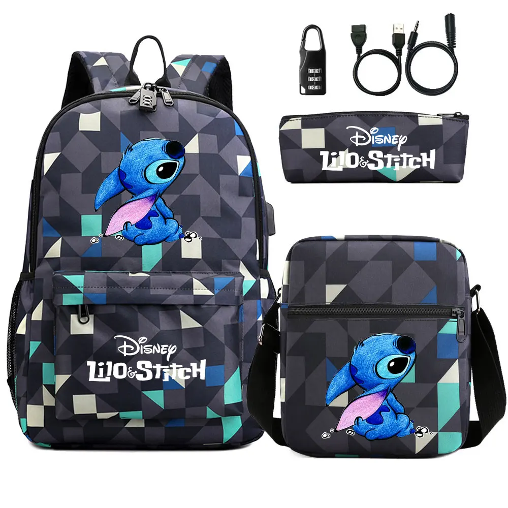 Stitches angel 3Pcs USB Book Bags Travel Backpack Shoulder Bag Pen
