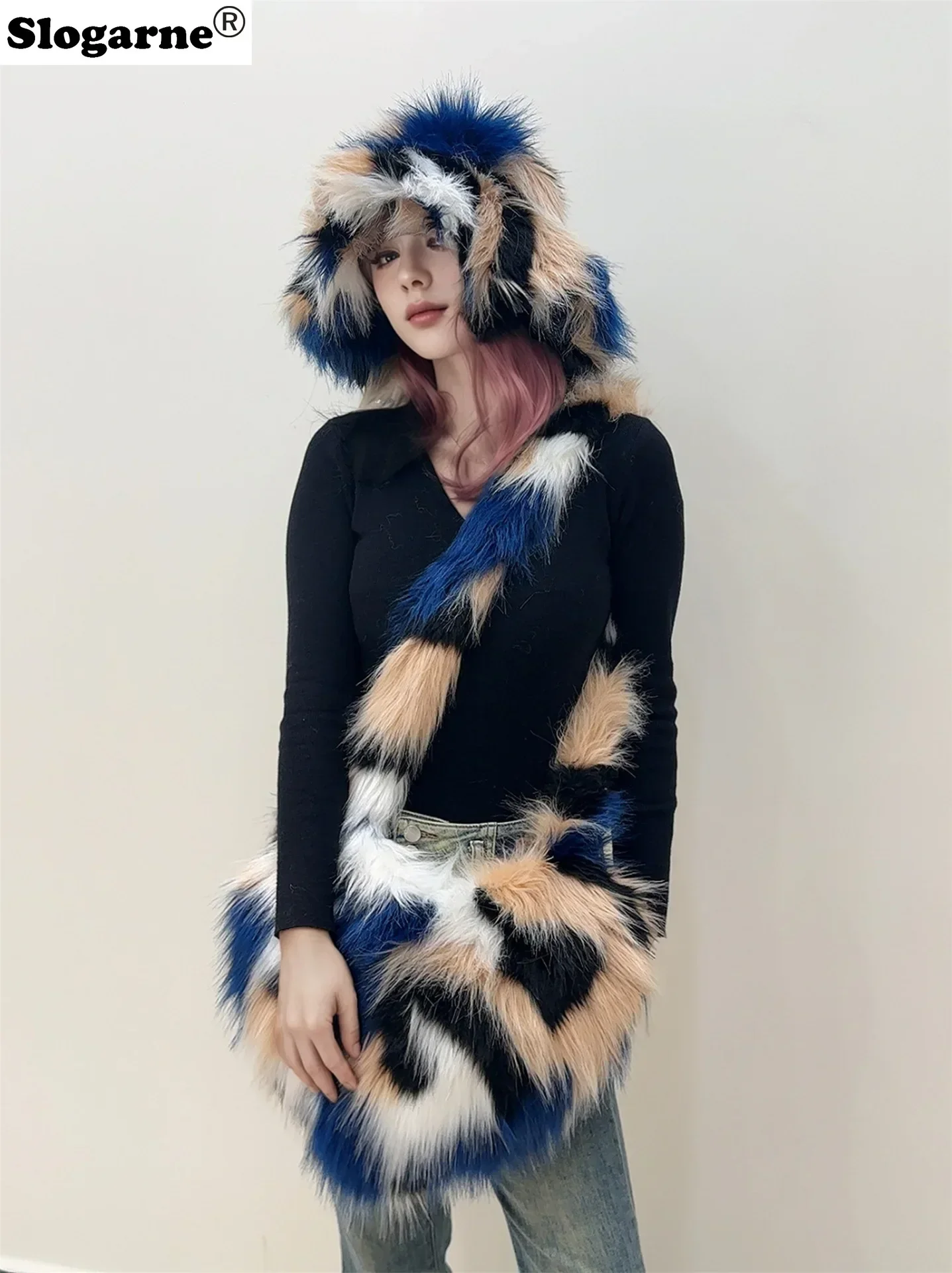 Women Faux Fur Shoulder Bag Fur Plush Bucket Hat Luxury Sets Furry Ski Hats Warm Caps Luxury Fluffy Bags New Y2K Suits