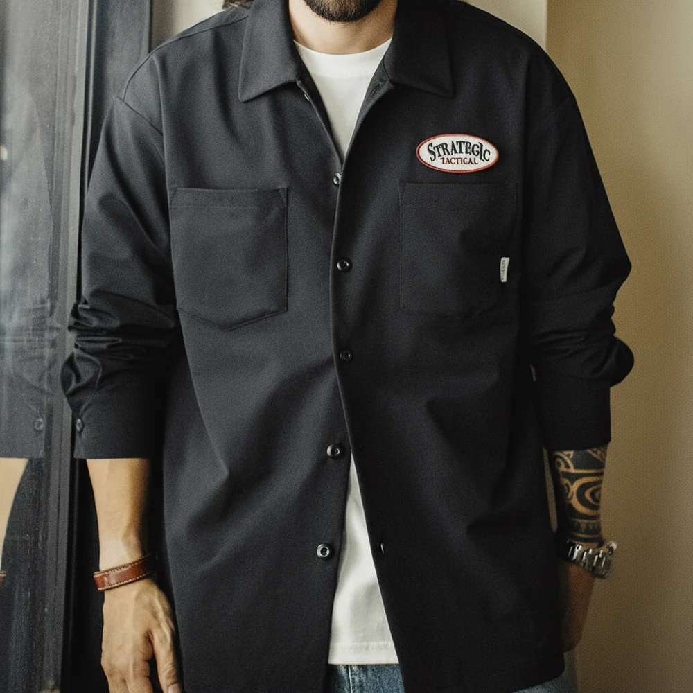 Maden Chemise utilitaire à manches longues tissée noire vintage pour homme avec poches sur la poitrine Chemisier léger surchemise à simple boutonnage pour l'automne