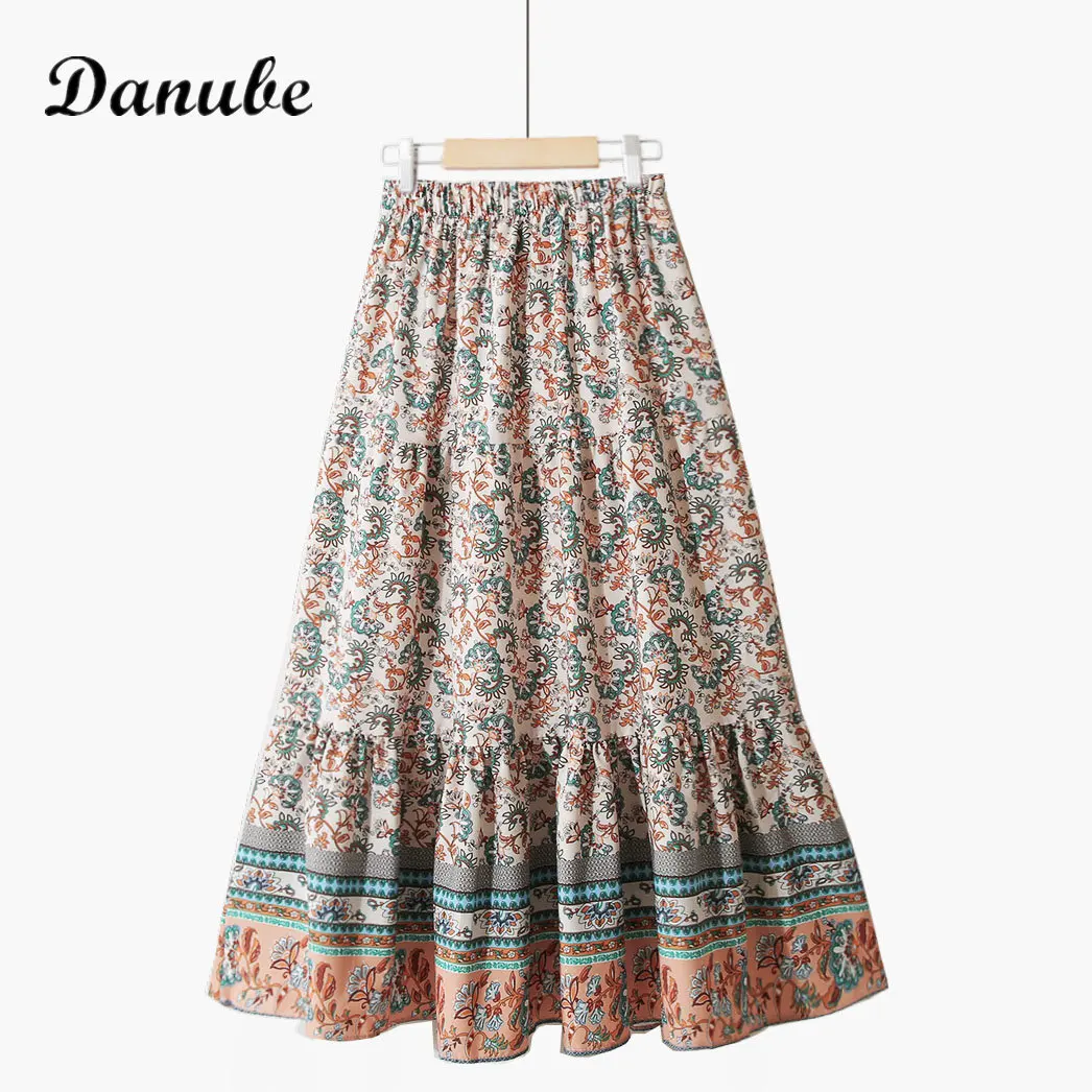 

Vintage Floral Print Bohemian Long Skirt Women Summer Casual Elastic Waist Maxi Skirt Elegant Holiday A-Line Pleated Beach Skirt