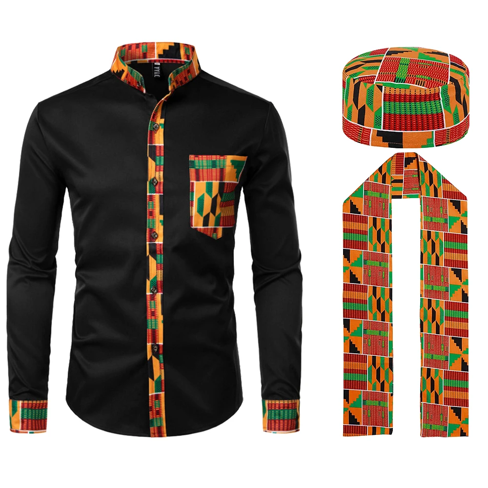 thumbnail image 1 of Conjunto de disfraz con patrón kente africano de 3 piezas con camisa abotonada, sombrero Kufi, bufanda, estola, faja, traje para fiesta del Mes de la Historia Negra, 1 of 5