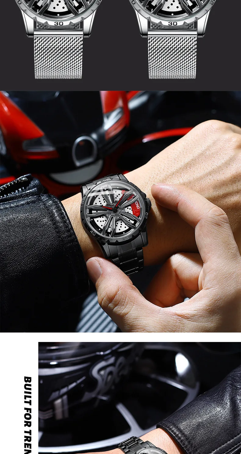 Rotation Rim Hub 2022 Sports Car Watches Men Watches Quartz Waterproof Stainless Steel Wheel Wristwatch Car Quartz Men Watches