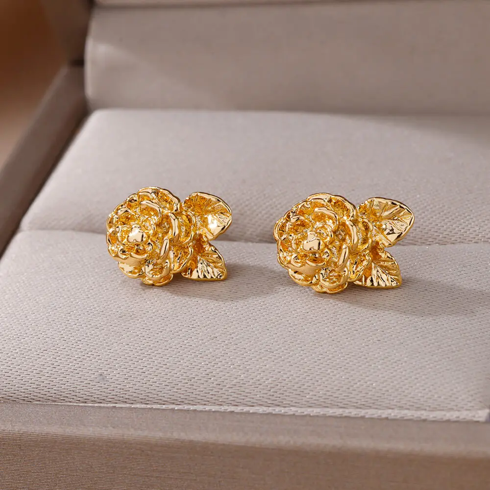 Vintage Rose Flower Earrings 18K Gold Plated Stainless Steel Stud Earring