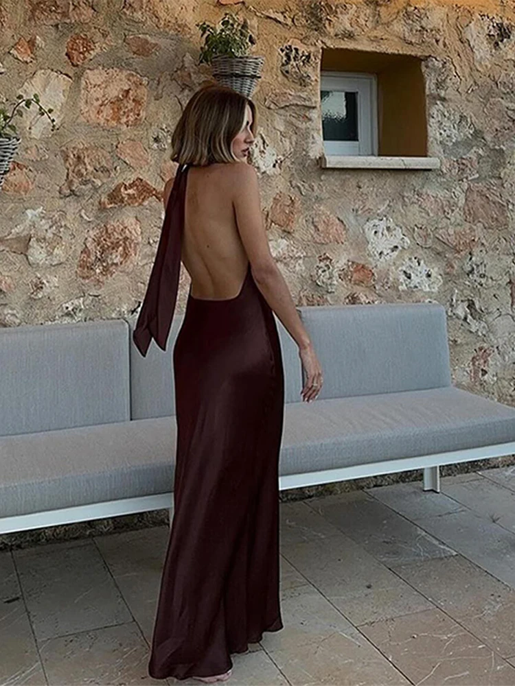 Off Shoulder Satin Halter Long Dress Woman Sexy Hanging Neck Female Pleated  Dresses Summer Backless Midi Evening Party 2024 New