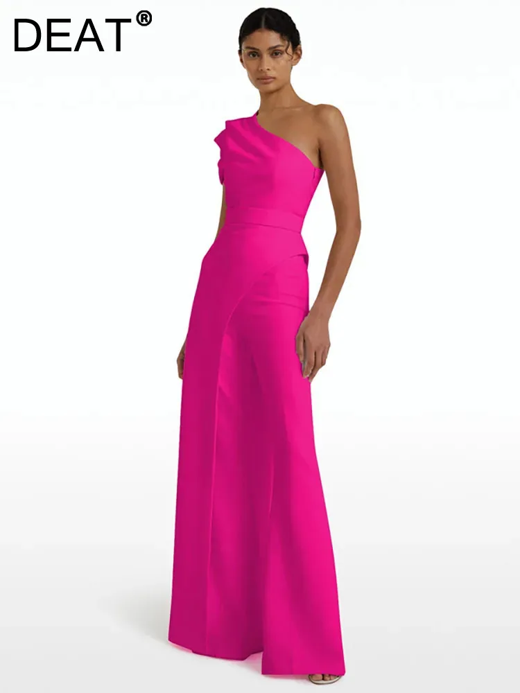

DEAT Elegant Playsuits Single Shoulder Spliced Wide Leg Rose Pink Women Customized Evening Jumpsuit 2024 Spring Fashion 13DB3617