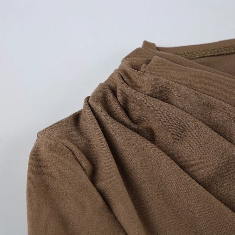 Body marrón con pliegues irregulares para mujer, elegante y chic, de manga larga, ajustado, con cuello redondo, ropa de club sexy para otoño