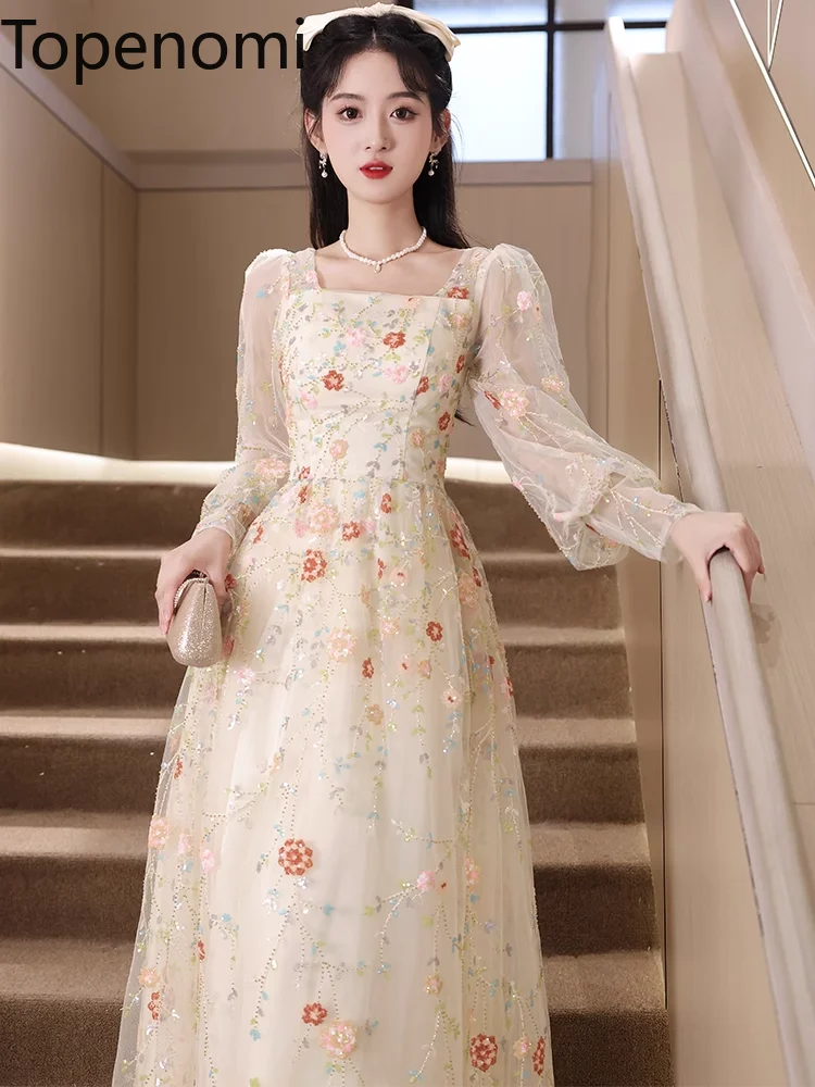 

Topenomi Fairy Embroidery Floral Birthday Party Dress Women 2024 New Elegant Long Sleeve Waist A-line Quinceanera Prom Dresses