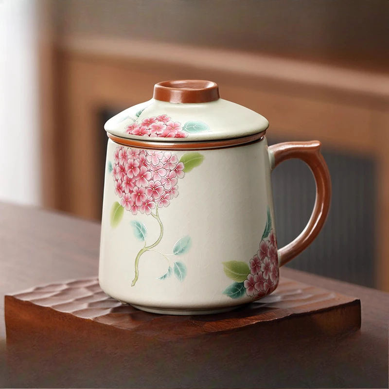 Chinese Style Ceramic Cartoon Floral Pattern Mug, Personal Creative Teacup, With Cover Filtered Tea Water Separation, 400ml, 1Pc