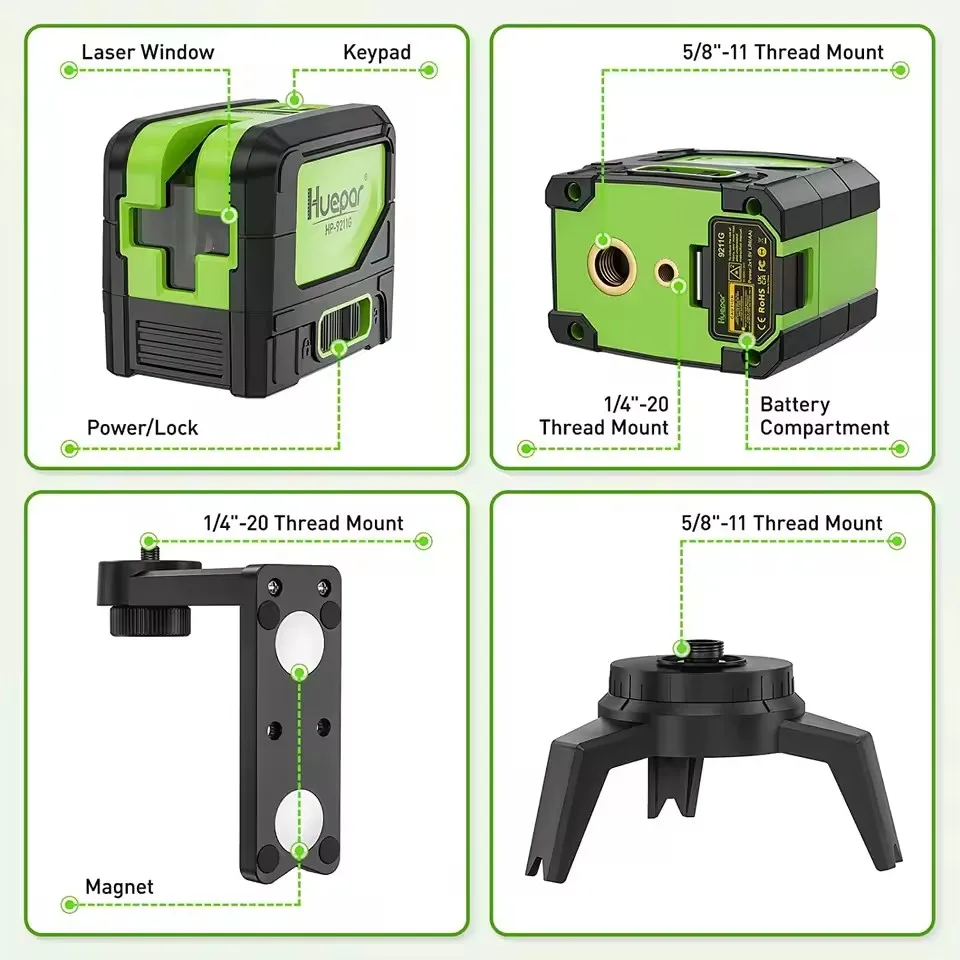 9211G Green Beam Laser Level 2 Cross Lines 2 Points Professional 180 Degrees Sel