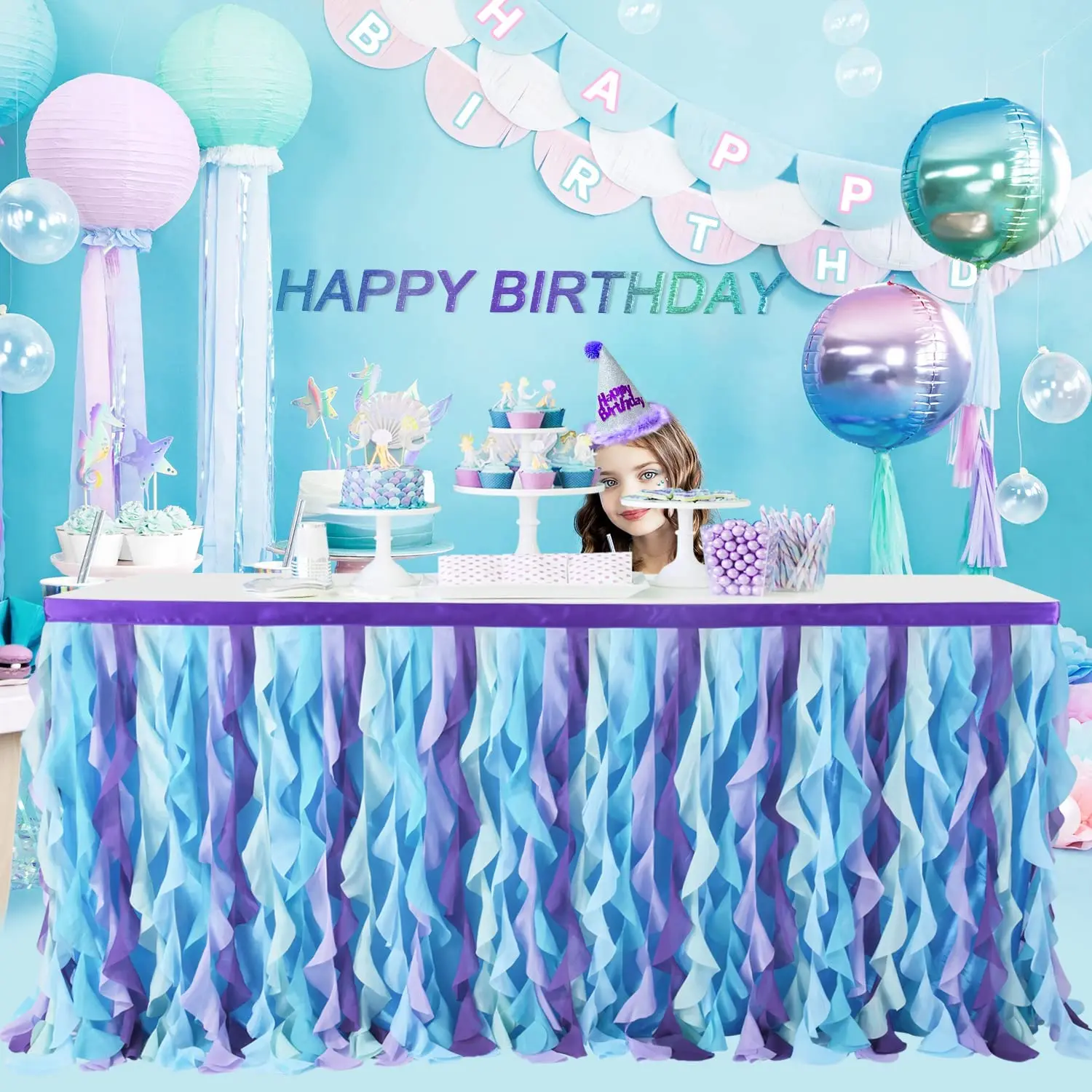 

6FT Mermaid Unicorn Tulle Table Skirt Curly Willow Table Decor Colorful Theme Rag Cloth for Wedding Party Birthday Decoration