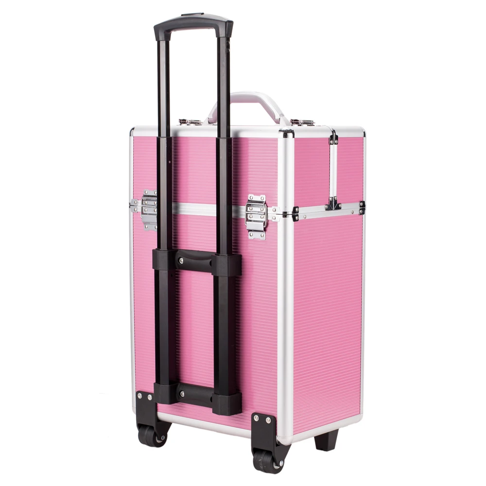 4 Tier Lockable Cosmetic Makeup Train Case with Extendable Trays Pink