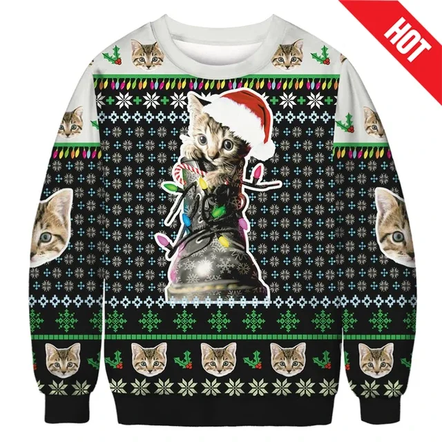 thumbnail image 1 of Suéter navideño feo de moda 2025, sudaderas con estampado divertido de perro y gato navideño, suéteres de cuello redondo para hombres y niños, 1 of 5