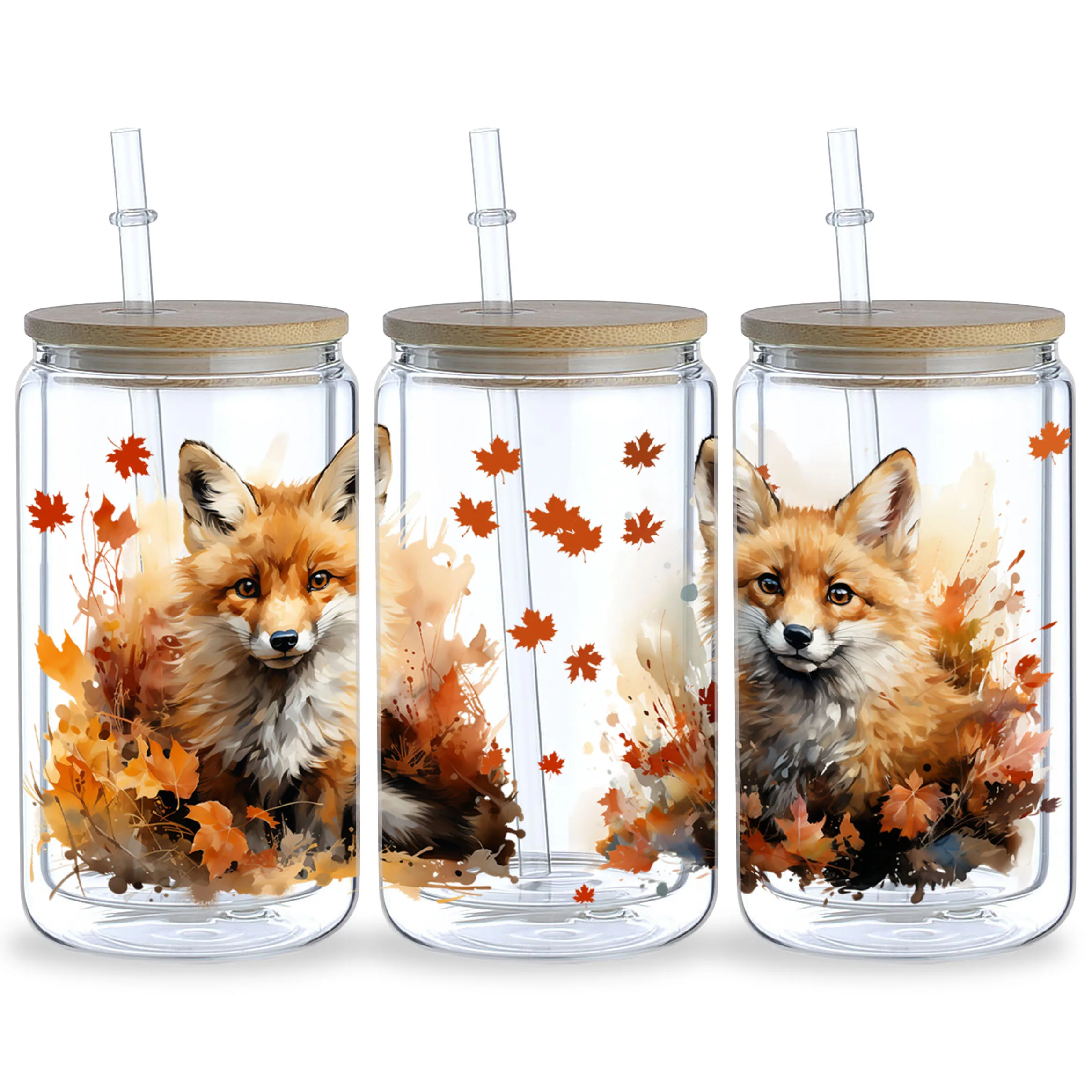 5 Sheets Fox UV DTF Mug Stickers, Glass Sports DTF Transfer Stickers, Waterproof Cute Fox Wipe-On Transfers for 16 oz Glass, Mug