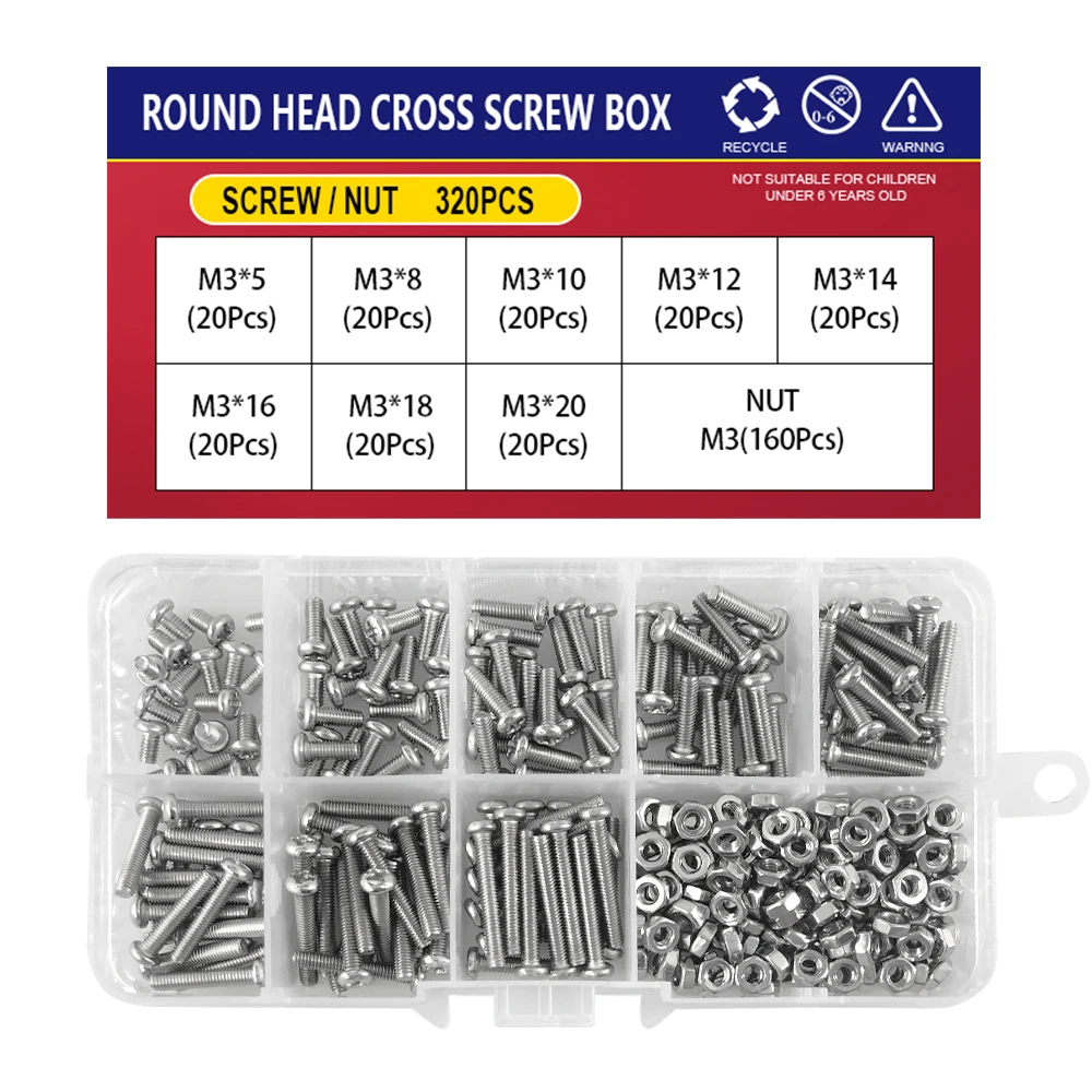 M1 M1.2 M1.4 M1.6 M2.5 M3 Metric Thread Machine Bolt Phillips Round Head Cross Screw Box Set 304 Stainless Steel Assortment Kit