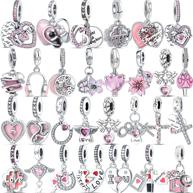 

New 925 Silver Pink Series Heart Angel Flower Mom Pendant Love Sweet Beads Fit Original Pandora Charms Bracelet DIY Jewelry Gift